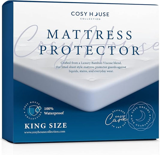 Cosy House Collection Luxury Mattress Protector - Blend of Rayon Derived from Bamboo - Master Bedroom Essentials - Ultra Soft Comfort, Stays Cool & Quiet - Premium Fitted Sheet Style (King) White