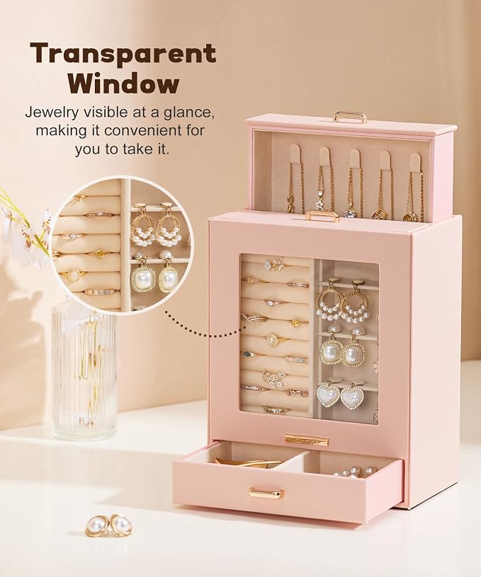 Homde Jewelry Organizer Girls Women Jewelry Box for Necklaces Rings Earrings Gift Bracelets Storage Case (Peach Pink + Gold) - Image 4