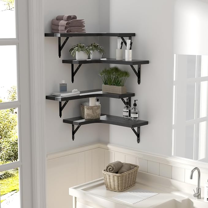 ROMGUAR CRAFT Corner Floating Shelves Wall Mounted Set of 4, Rustic Wood Storage Display Shelves for Home Decor, Bathroom, Kitchen, Bedroom, Living Room, Office (Black) - Image 6