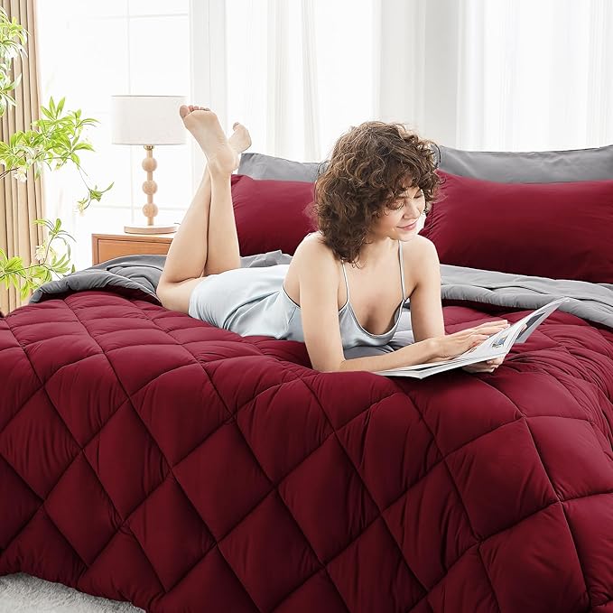 MUXHOMO 5 Pieces Twin XL Comforter Set, Reversible Bed in a Bag Twin XL Size, All Season Bedding Set with Comforter, Flat Sheet, Fitted Sheet, Pillowcases & Shams, Burgundy & Grey