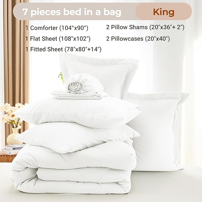 MUXHOMO 7 Pieces King Comforter Set, Soft Bed in a Bag King Size, All Season Bedding Set with Comforter, Flat Sheet, Fitted Sheet, Pillowcases & Shams, White