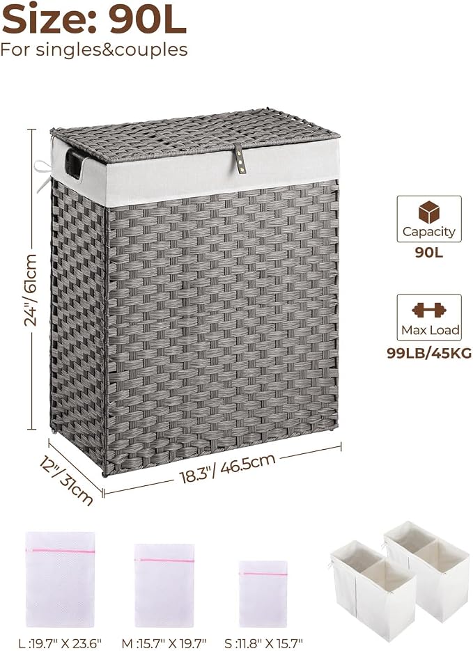 Greenstell Laundry Hamper with 2 Removable Liner Bags - 90L Divided Clothes Hamper, Handwoven Synthetic Rattan Foldable Laundry Basket with Lid and Handles Gray (18.3x13.3x24.0Inches) - Image 6