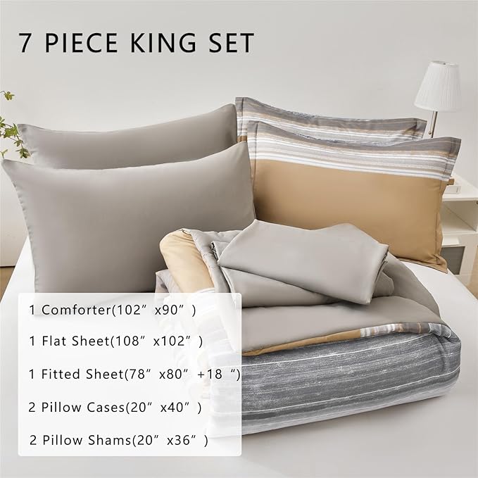 KAKIJUMN 7 Piece Bed in a Bag Stripe Comforter Set King Size, White Grey Khaki Patchwork Striped Comforter and Sheet Set, All Season Soft Microfiber Complete Bedding Set(Khaki,King)
