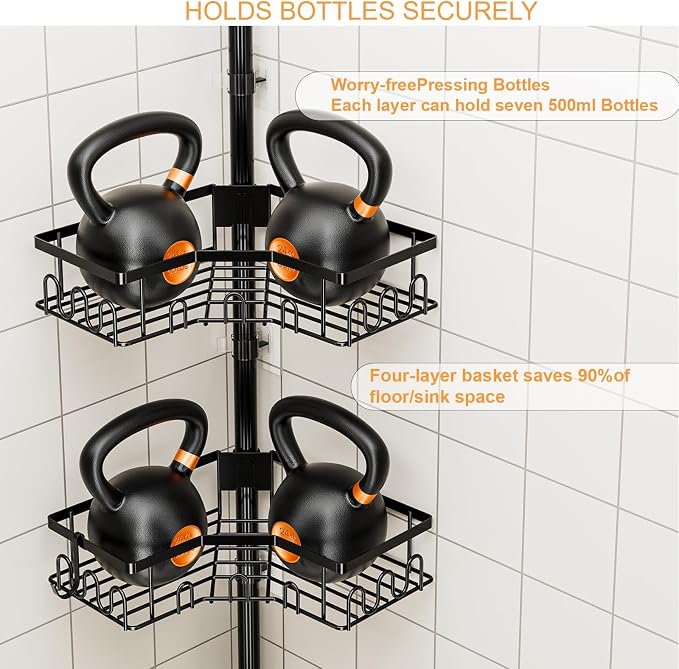 Corner Shower Caddy Tension Pole - 4-Tier Shower Corner Shelf for Bathtub Bathroom Shower Organizer - Adjustable 34in-120in, Space Saving Bathtub Accessory Shelves, Black - Image 4