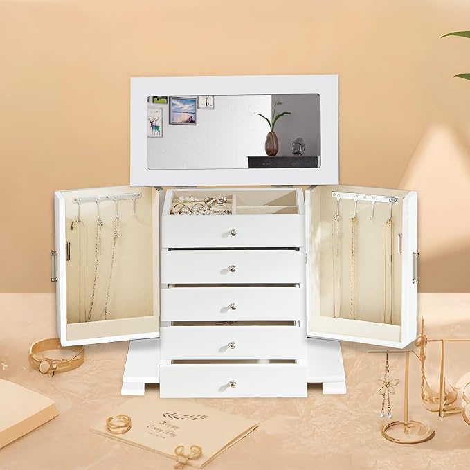 White 5 Layer Huge Jewelry Box,Top With Mirror Wooden Jewelry Organizer Box,With 8 Hook And Velvet Lining Antique Jewelry Box For Women,For Watch Necklace Ring Earring Storage Gifts - Image 2