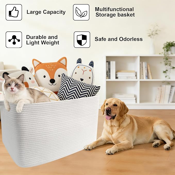 96L Large Blanket Basket,24"x16"x15"Rectangle Storage Bin with Handles,Woven Rope Laundry Basket for Toys, Clothes,Magazines,Home Organization,Nursery,Living Room & Bedroom,White - Image 7