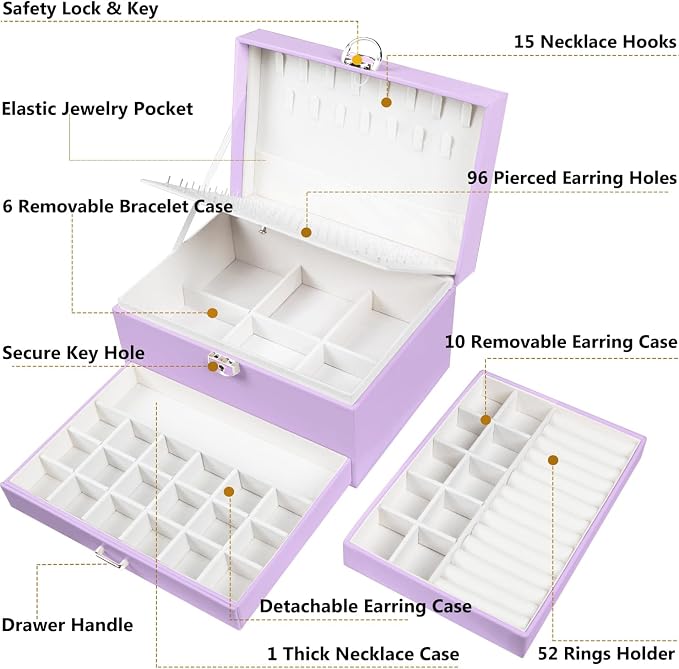QBestry Earrings Jewelry Box for Girls, 5 Layers Jewelry Organizer with Earring Holder Organizer for Girls Earring Organizer Jewelry Boxes for Women Earrings and Necklaces Jewelry Box Organizer Violet - Image 7