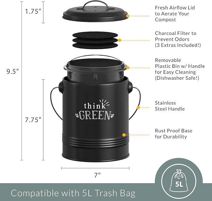 Barnyard Designs Compost Bin for Kitchen Counter - 1.2 Gallon Countertop Composter with Extra Smell-Absorbing Filters and Inner Bucket for Easy Cleaning - Food Waste Bin for Kitchen with Lid (Black) - Image 4