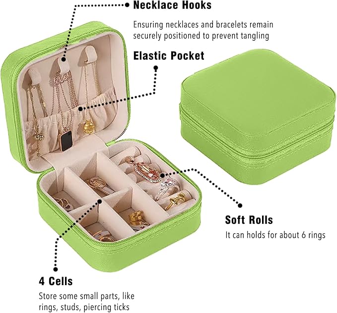 Small Travel Jewelry Box, Portable Mini Jewelry Leather Box Jewelry Ring Organizer Case Storage Holder Gift Boxes for Girls Women, Avocado green - Image 3