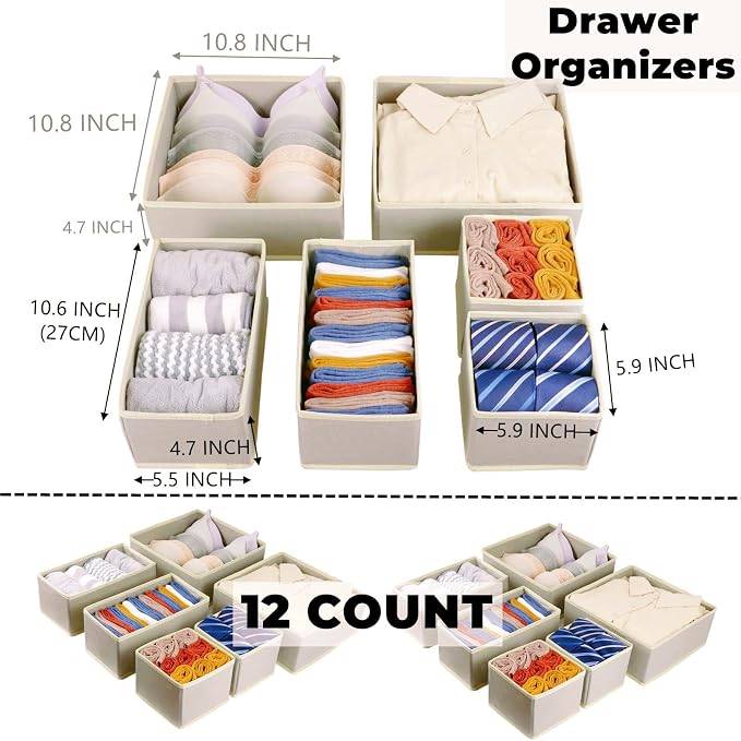Fordonral 12 Pack Drawer Organizer Clothes, Foldable Fabric Dresser Organizer Closet Organizers and Storage Box for Underwear,Folded Clothes,Baby Clothing,Socks,Bra,Towels,Ties(12 Pack,Beige) - Image 3