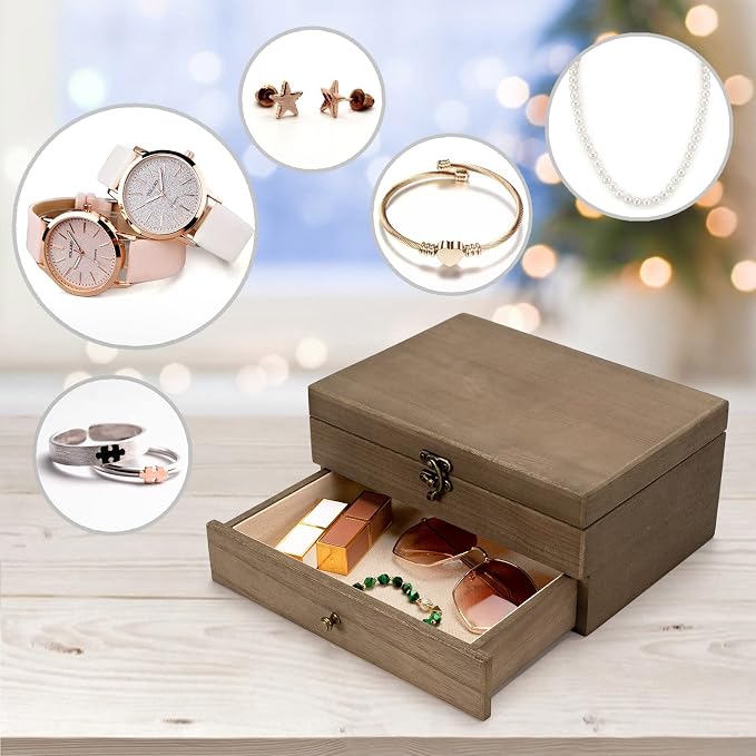 Pinzoveco Jewelry Box for Women, Rustic Wooden Jewelry Organizer Box for Storage Earrings Rings Necklace Bracelet, Farmhouse Style Wood Jewelry Boxes & Organizers (Gray) - Image 7