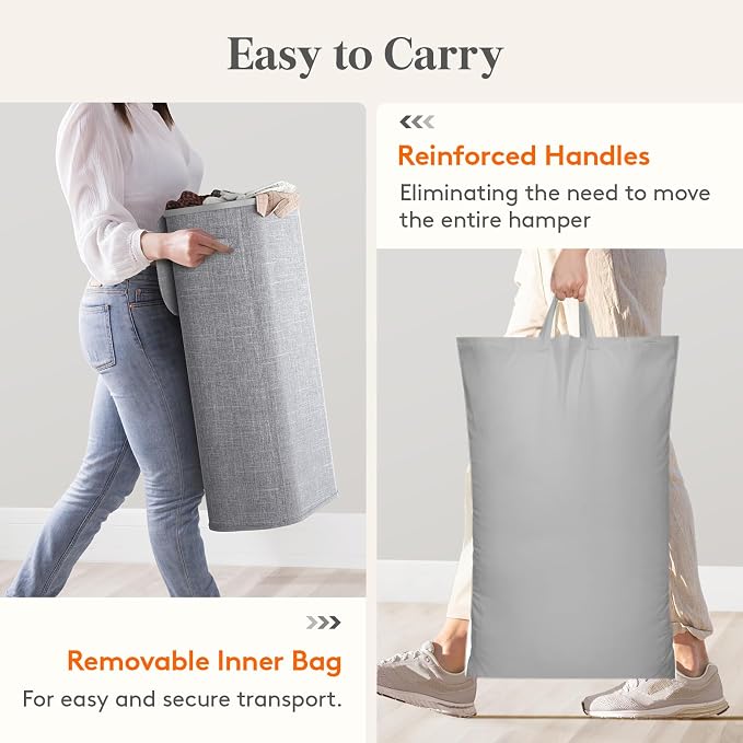 Lifewit Slim Laundry Basket with Lid, Narrow Large Laundry Hamper with Plastic Handles and Removable Bag, Tall Foldable Dirty Clothes Hampers for Laundry Room, Bedroom, Bathroom, Dorm, 75L Gray - Image 8