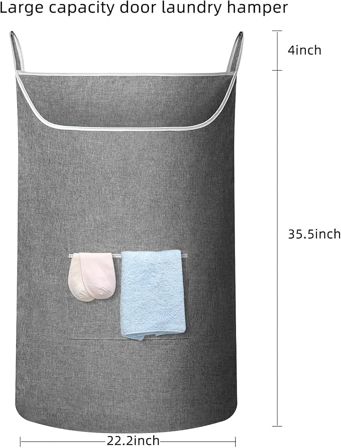 SAVERHO X-Large Hanging Laundry Hamper Bag, Door Hanging Hamper with Front Pocket Dirty Clothes Hanging Laundry Bag Large Size 35X22 inch Door Laundry Basket (Grey) - Image 2