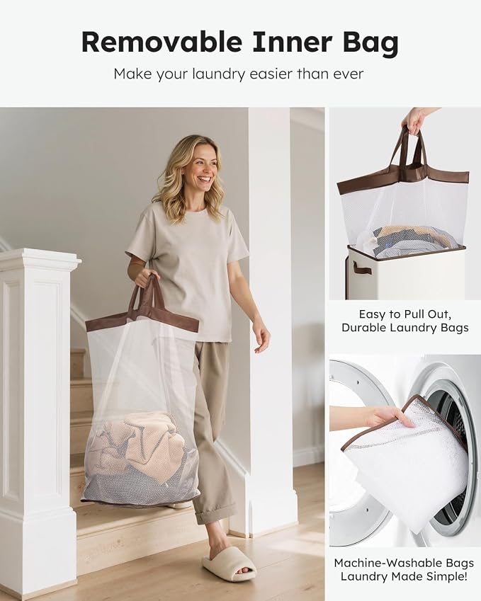 SOLEDI Slim Laundry Hamper with Lid, Narrow Laundry Basket with Removable Bags, Dirty Clothes Hamper with handle, Small Hamper perfect for Laundry room, Bathroom, Bedroom, Small spaces. 70L Beige - Image 4