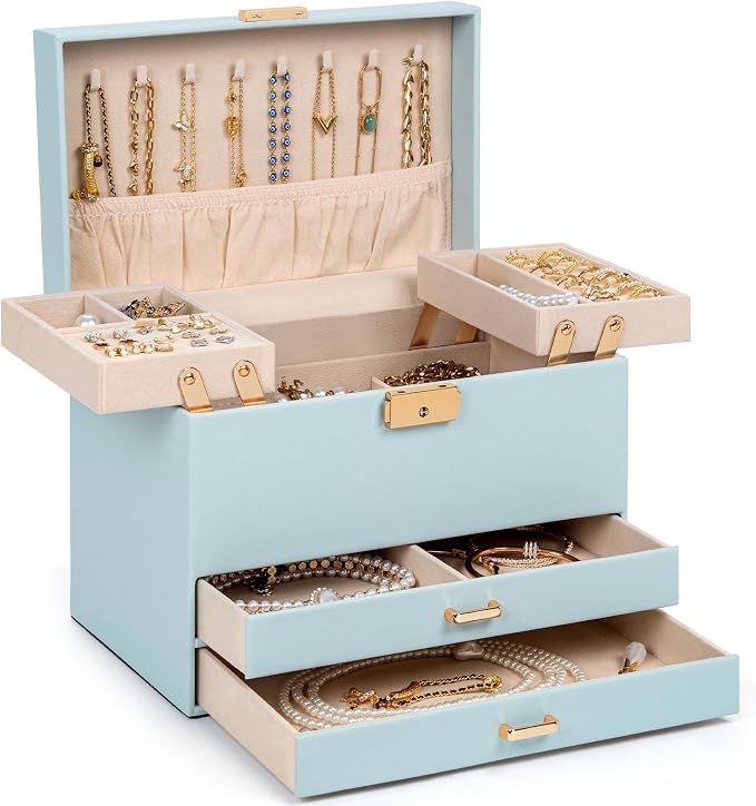 AKOZLIN Travel Jewelry Box Organizer Functional 2-trays Leather Jewelry Storage Case with Lockable Portable 2 Drawers for Women Girls Ring Necklace Earring Bracelet by AKOZLIN