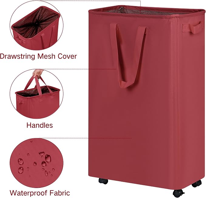 efluky Slim Laundry Hamper with Wheels, Rolling Laundry Basket for Clothes, Small Laundry Basket for Bedroom, Dorm and Laundry Room, 75L (19.8 Gallons) Burgundy Red - Image 3