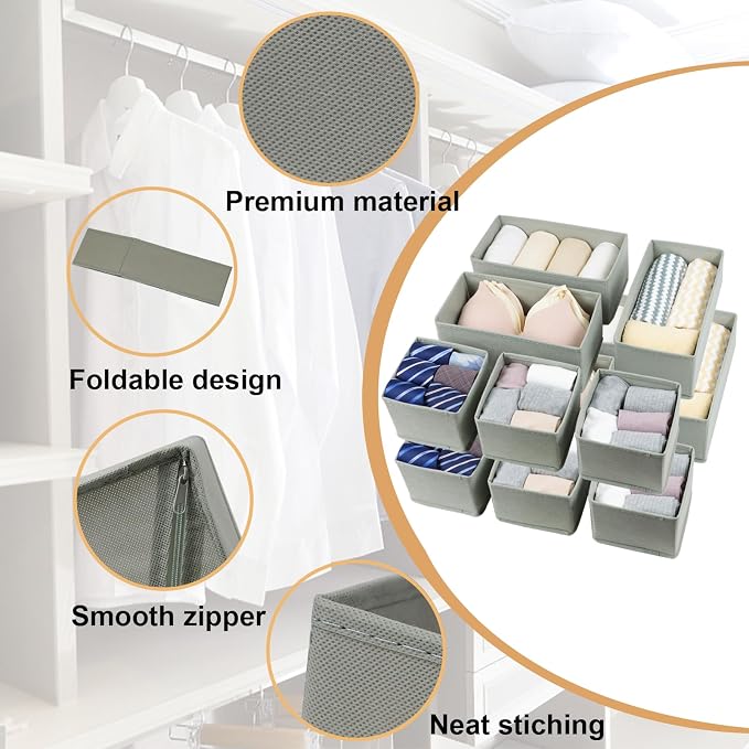 Fordonral Drawer Organizer Clothes, Foldable Fabric Dresser Organizer Closet Organizers and Storage Box for Underwear,Folded Clothes,Baby Clothing,Socks,Bra,Towels,Ties(6M+6S,Gray) - Image 3