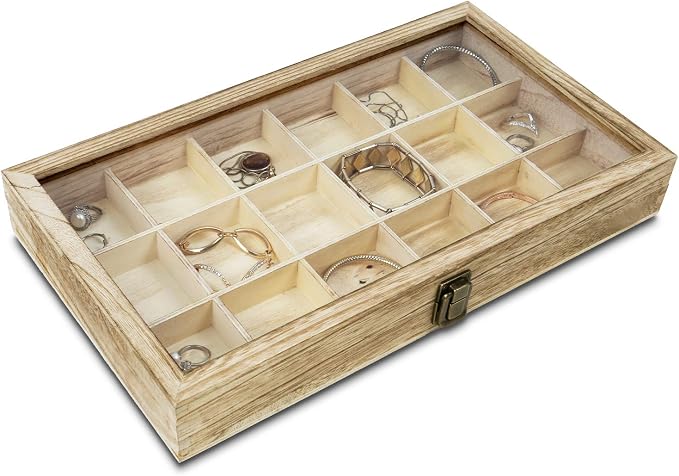 Mooca Wooden Display Storage Case with Tempered Glass Lid for Jewelry and Beads with 18 Compartments Tray, Oak Color, 15" W x 8 3/4" D x 2" H by Mooca