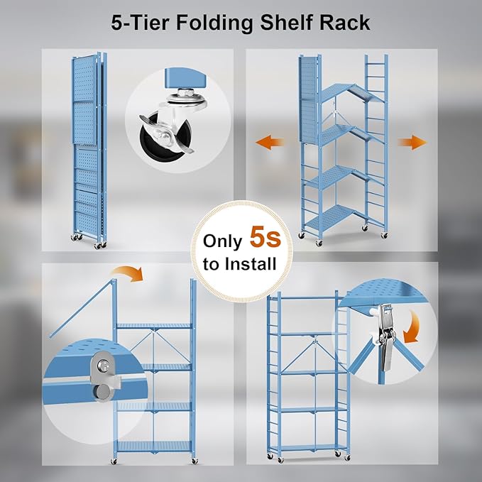 Himix Storage Shelves with 20 Hooks, 5-Tier Foldable Shelf for Storage, Folding Shelf Unit Pantry Shelves with Wheels, Standing Shelving Unit for Kitchen Garage Home Office Room Greenhouse, Blue - Image 6