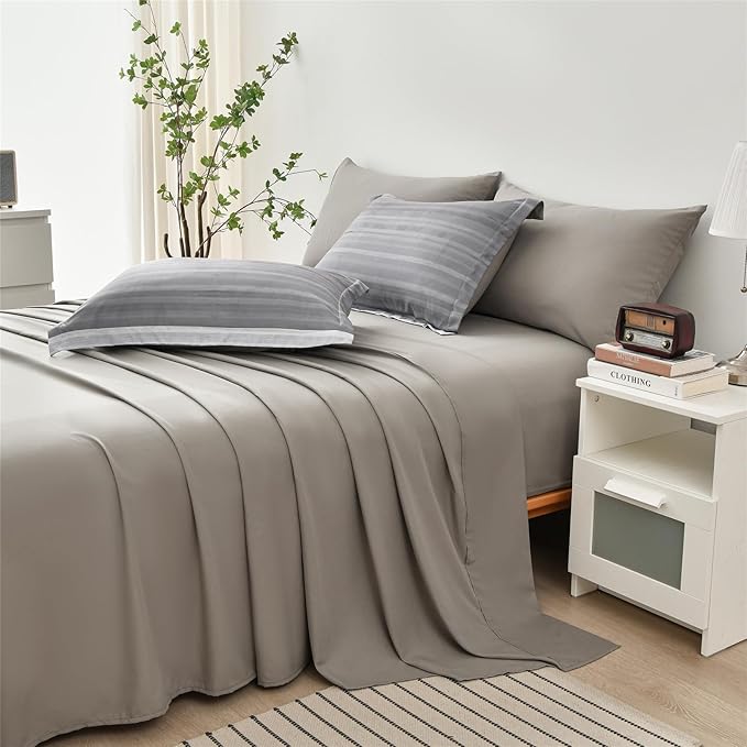 KAKIJUMN 7 Piece Bed in a Bag Stripe Comforter Set Full Size, White Grey Patchwork Striped Comforter and Sheet Set, All Season Soft Microfiber Complete Bedding Set(Light Grey,Full)