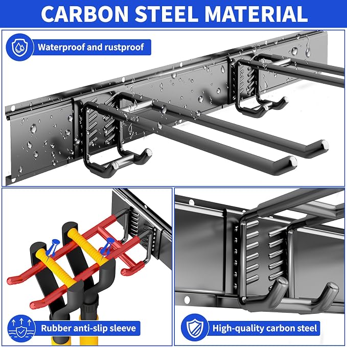 Garage Tool Organizer Wall Mount, 48inch Heavy Duty Garden Tool organizer Storage System, Easy Install With 6 Adjustable Bilayer Hooks, For Garage, Basement, Shed, Workshop(Black) - Image 5