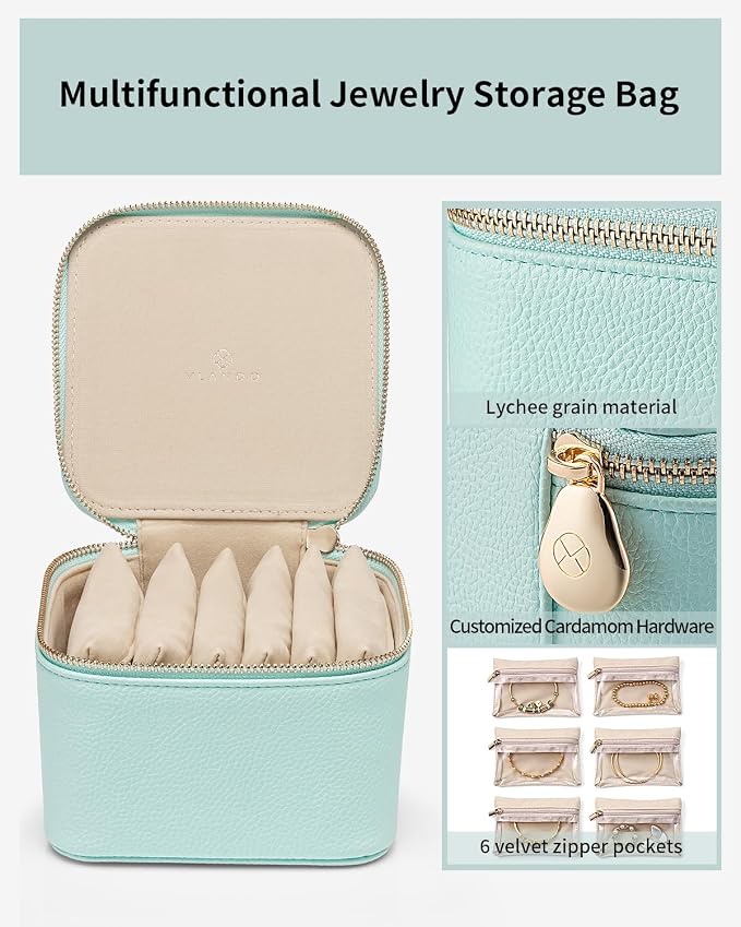 VLANDO Travel Jewelry Box,Jewelry Travel Case with 6 Velvet Jewelry Zipper Pockets Travel Jewelry Organizer for Ring Bracelet Christmas Wedding Birthday Gifts for Wife Daughter Lake Blue - Image 5