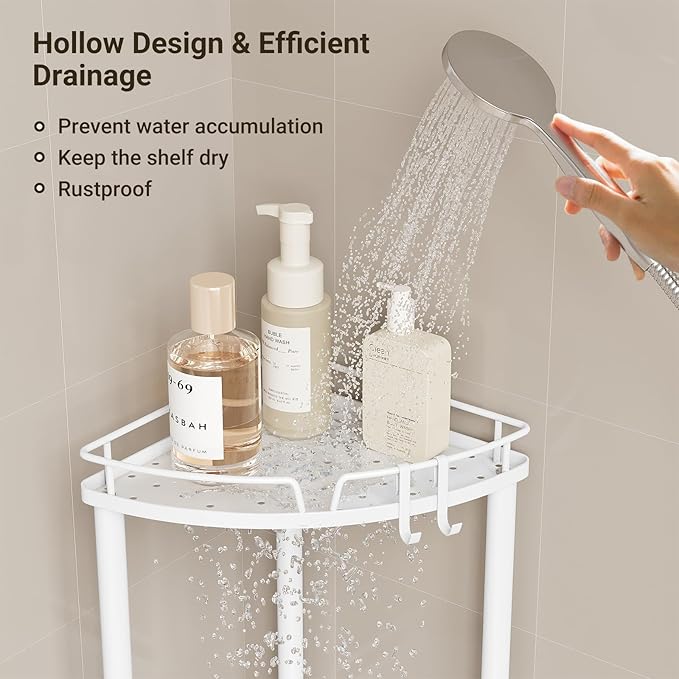 ELYKEN Corner Shower Caddy Standing, 3 Tier Rustproof Metal Shower Organizer with Soap Holder, Floor Shower Corner Shelf Rack Storage Stands with Adjustable Feet & 2 Hooks for Bathroom, White - Image 6