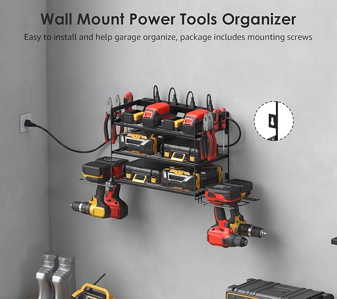 CCCEI Garage Tools Storage with Charging Station. Power Tool Battery Organizer Utility Shelf with Power Strip. 4 Drills Holder Wall Mount Rack, Black 3 Layer. - Image 3