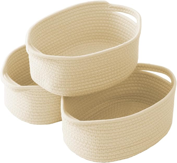JMvicyroam Woven Basket,Small Rope Storage Bin with Handles & Ribbon Bag, Organizer for Shelves Closets,Gift Basket Empty for Birthday,Books,Dog Toys,Beige/3 Pack by JMvicyroam