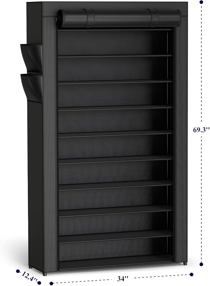 Kitsure Shoe Rack - 10-Tier Large Capacity Shoe Organizer Shelf with Dust Cover & Side Pockets, Rust-Proof Metal Shoe Rack for Closet, Entrance, Living Room, 33.6" x 12.4" x 69.3", Black - Image 2