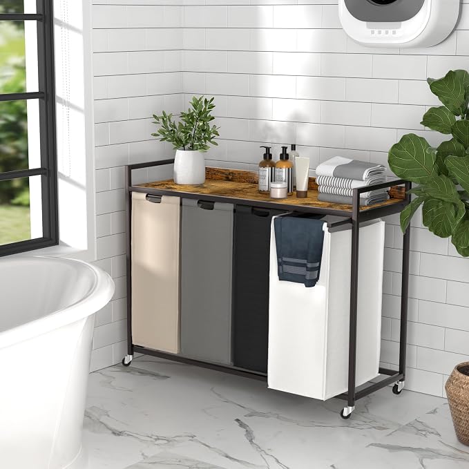 Herture Laundry Hamper with Shelf, Laundry Basket 4 Section, Laundry Sorter with Pull-Out Removable Large 4 Color Bags and Movable Wheels, Metal Frame, 4 x 15.87 Gallons (60L), Rustic Brown PF07XLN - Image 5