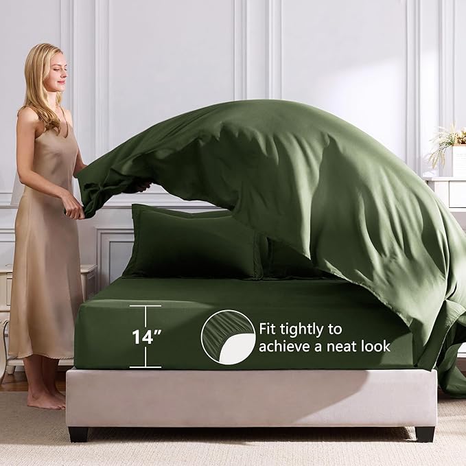 CozyLux Queen Comforter Set Olive Green - Bed in a Bag Queen Size 7 Pieces, Luxury Soft Bed Set for All Seasons, Bedding Set with Down Alternative Comforter, Sheets, Pillowcases & Shams