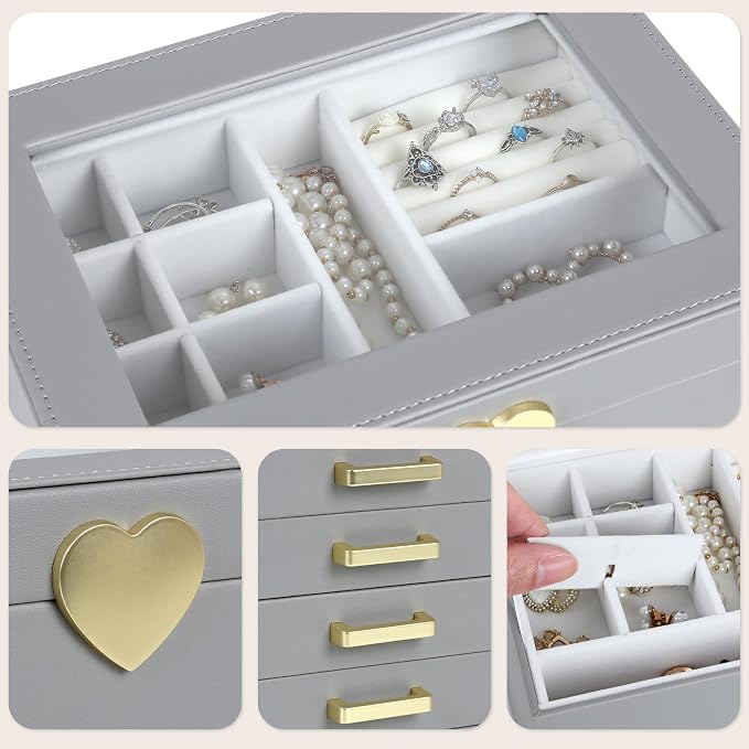 Kendal Jewelry Box, 5-Layer Jewelry Organizer Box with Glass Lid, Gray, Heart Shaped PU Leather, Storage Box for Necklace Earrings Rings Bracelets, Gift Idea for Girls LJC4DRGY - Image 4