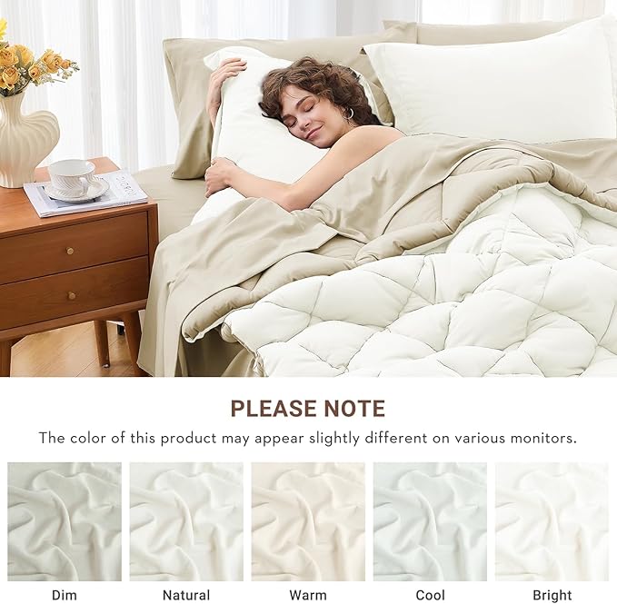 MUXHOMO 7 Pieces Full Comforter Set, Reversible Bed in a Bag Full Size, All Season Bedding Set with Comforter, Flat Sheet, Fitted Sheet, Pillowcases & Shams, Ivory & Khaki