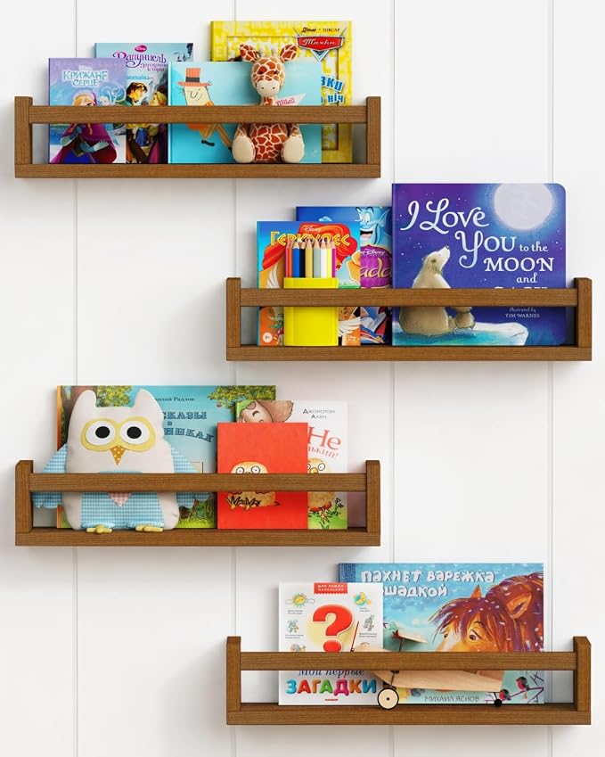 Forbena Walnut Brown Nursery Bookshelf Wall Mounted, Wooden Floating Book Shelves for Wall, Nursery Hanging Bookshelves for Baby Toddlers Kids Room Bedroom (Pine Wood, Walnut Color, 4-Pack) by Forbena