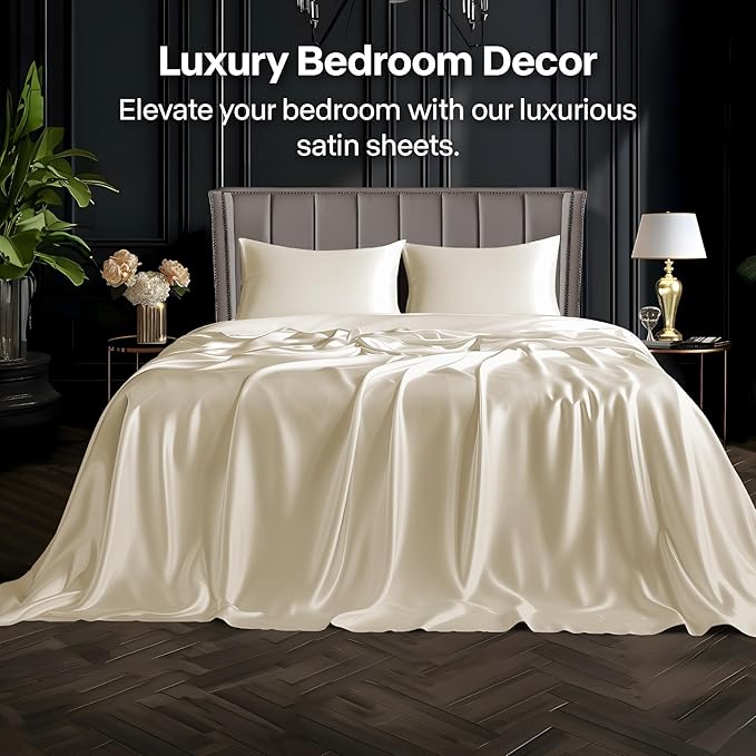 BEDELITE Satin Sheets Twin XL Size Bed Set, Luxury Soft Beige Silky Sheets for Hair and Skin, Similar to Silk Bed Sheets Set 3 Pieces （1 Deep Pocket Fitted Sheet, 1 Flat Sheet, and 1 Pillowcase）