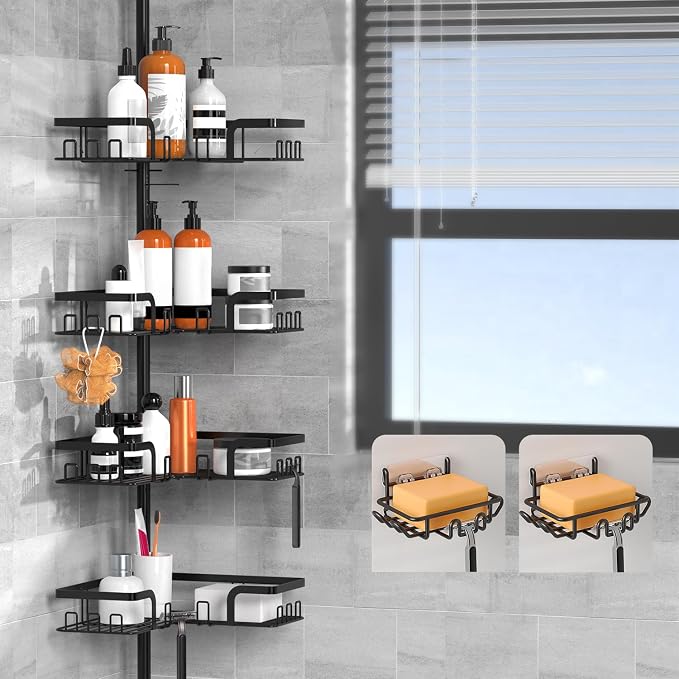 KEGII Shower Caddy Tension Pole – 4-Tier Adjustable Corner Bathroom Organizer Shelves with 2 Soap Holders, Hooks, Floor to Ceiling Storage Rack for Families & Renters, 25-114.2 Inch - Image 2