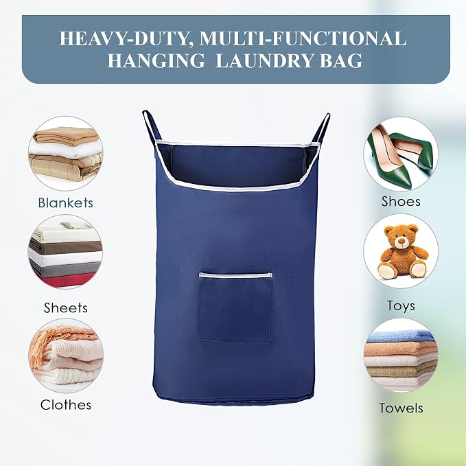 Fine Living Co. Large Hanging Laundry Hamper with Over Door Hooks & Adhesive, Durable Space Saving Laundry Bag with Zipper and Wide Open Top, Hanging Dorm Laundry Hamper (Navy Blue-XL) - Image 7