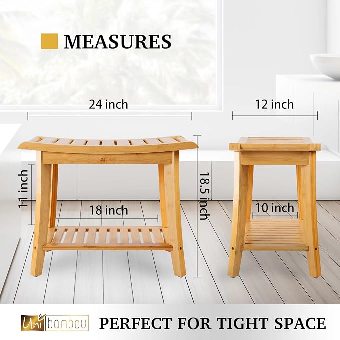 Unibambou Bamboo Shower Bench with Storage Shelf, Spa Bath Chair for Bathroom, Seat or Organizer for Living Room, Bedroom and Garden - Great for All Ages Unisex Elderly (Large, Natural) - Image 3