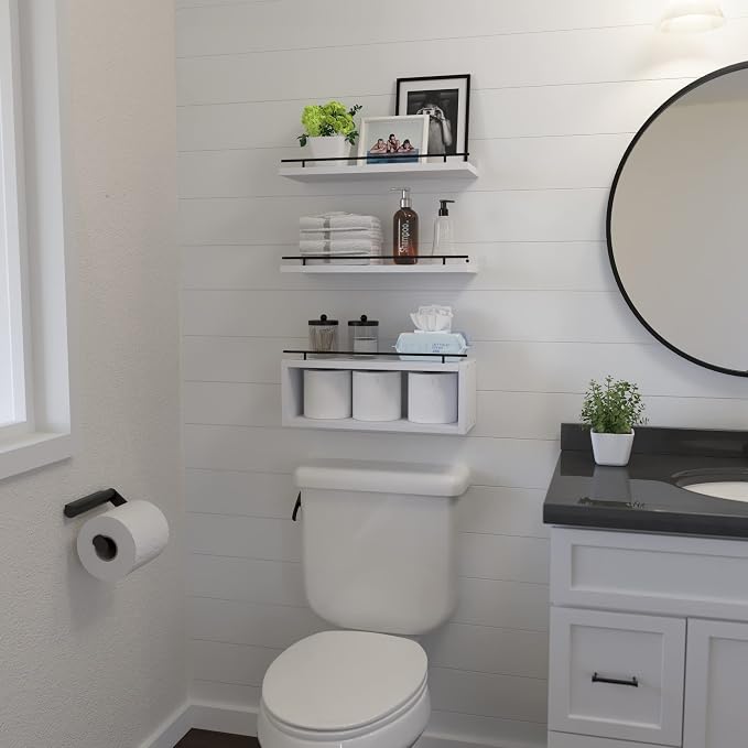 WOPITUES Floating Shelves for Wall with Cube Shelf, Wall Shelves with Metal Rail for Decor, Bathroom Organizers and Storage, Over Toilet Shelves for Bathroom, Toilet Paper-White - Image 4