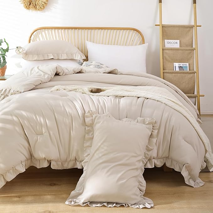 JANZAA King Size Comforter Set Beige Ruffle Comforter 3PCS Soft Fluffy Boho Comforter Vintage Farmhouse Bed Set Shabby Chic Bedding with 2 Pillowcases for All Season