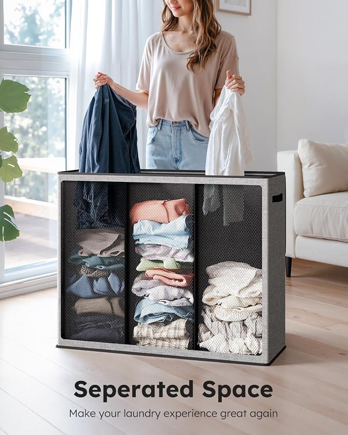 SOLEDI 180L Laundry Hamper 3 Section, Extra Large Laundry Hamper with Lid, Dirty Clothes Hamper with Sturdy Handle, Large Laundry Basket Organizer for Laundry Room, Bedroom, Hampers for Laundry - Image 2