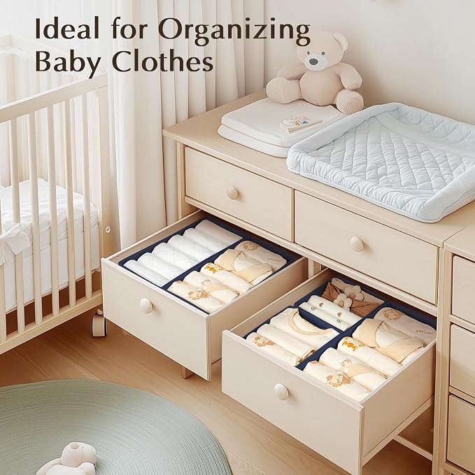 DIMJ Drawer Organizers Clothes, Set of 4 Dresser Organizer Bins, Fabric Closet Organizers and Storage, Shallow Drawer Dividers for Nursery, Clothing, Baby Clothes, Socks, Underwears, Tie (Navy Blue) - Image 5