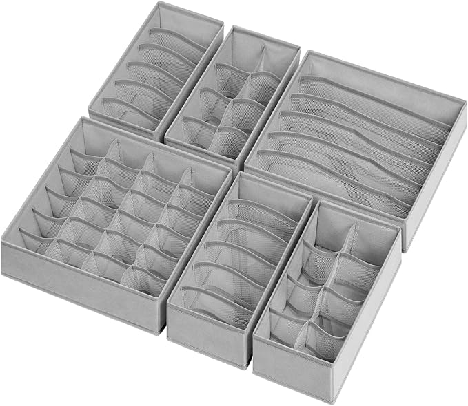 Criusia 6 Pack Sock Underwear Drawer Organizer Dividers, 58 Cell Foldable Fabric Dresser Closet Organizers and Storage Bins for Clothing, Baby Clothes, Bra, Panty, Scarf, Ties (Grey) - Image 8