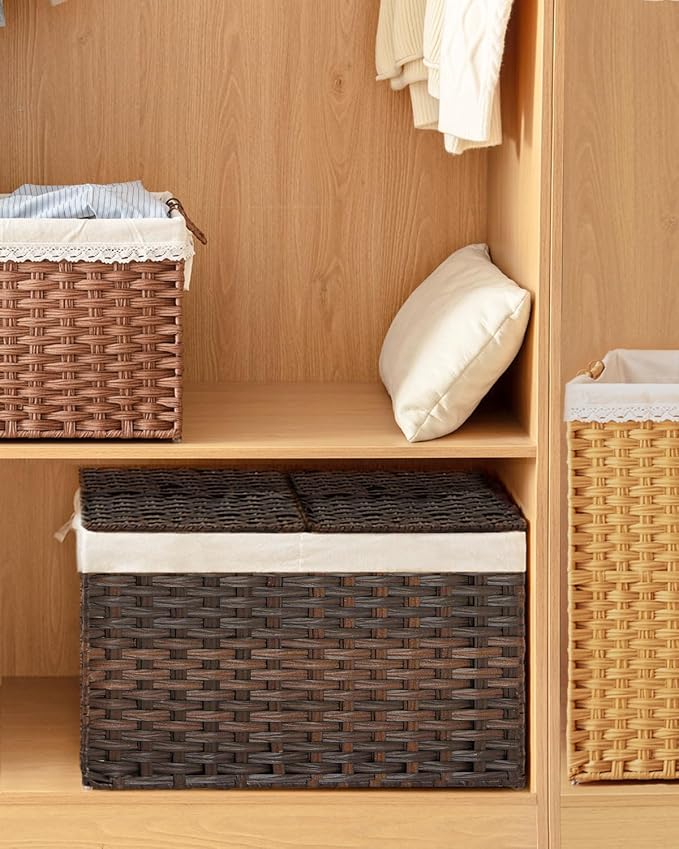 SETVSON Storage Basket with Lid Wicker Baskets for Storage with 2 Separate Lid 42.3 Gallon (160 L) 29.9 x 17.3 x 18.1 Inches Rattan Woven Large Wicker Basket with 2 Liners for Bedroom Laundry Brown - Image 7