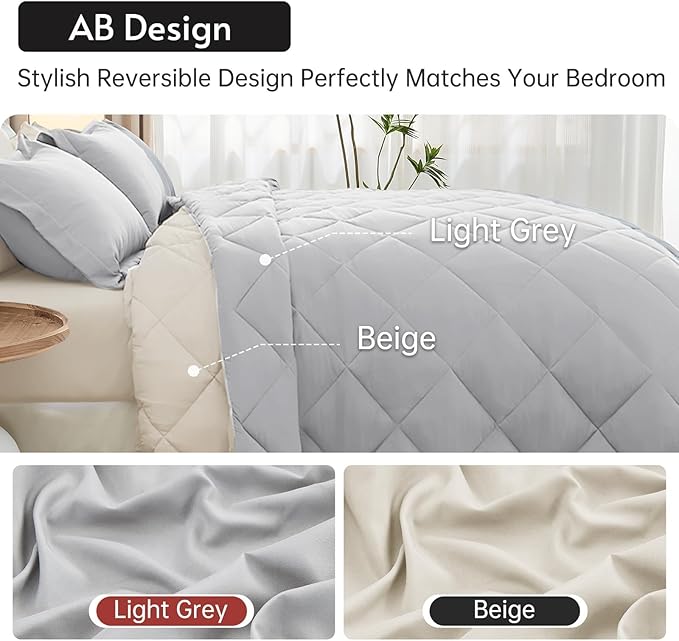 MUXHOMO 7 Pieces Queen Comforter Set, Reversible Bed in a Bag Queen Size, All Season Bedding Set with Comforter, Flat Sheet, Fitted Sheet, Pillowcases & Shams, Light Grey & Beige
