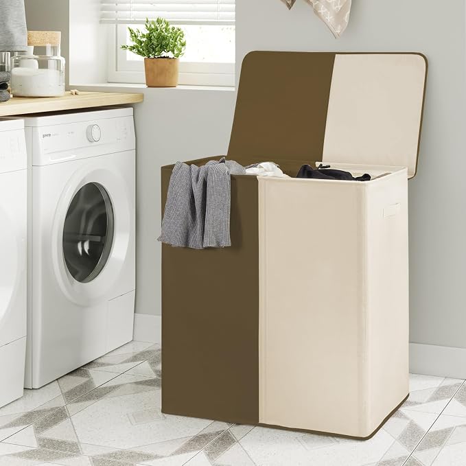WOWLIVE Double Laundry Baseket with Lid and Removable Laundry Bags,154L Large Laundry Hamper 2 Section Collapsible Dirty Clothes Hamper for Laundry Room,College Dorm,Bathroom,Brown and Beige - Image 2