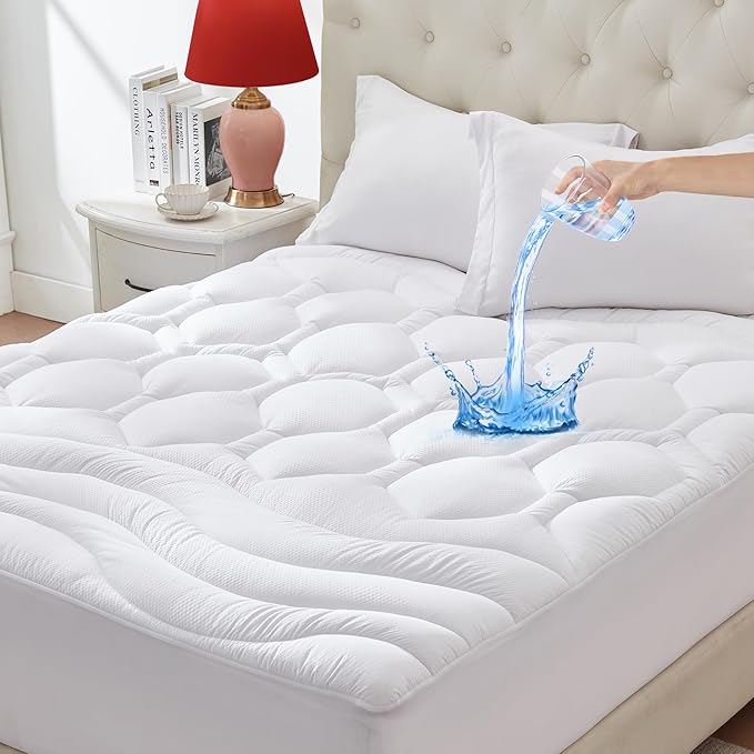 Twin Size Mattress Pad Waterproof, Pillow Top Cooling Twin Mattress Topper for Single Bed, Pee Proof Mattress Protector Cover Quilted Fitted with 8-21" Deep Pocket (39x75 inch, White)