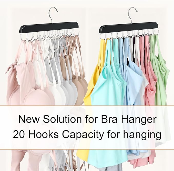 Bra Hanger for Closet, Tank Top Organizer 20 Hooks Capacity Foldable Wood Space Saving Hanger Closet Organizers and Storage for Dorm & Apartment for Tank Top, Hats, Scarf etc. - Image 2