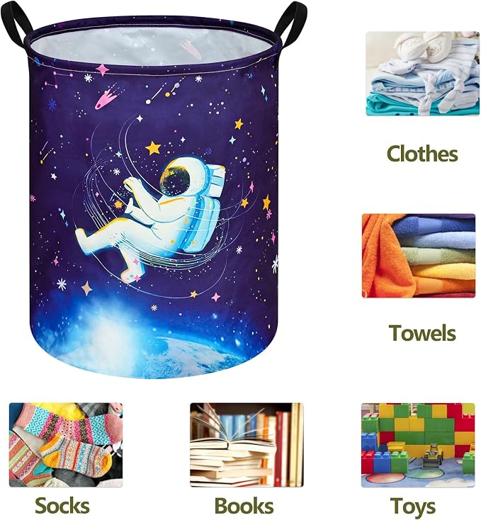 Collapsible Kids Laundry Basket Clothes Hamper, Foldable Storage Organizer Bin, Toy Clothes Storage with Handles for Boys Girls Bedroom, Room Decor Astronaut - Image 6